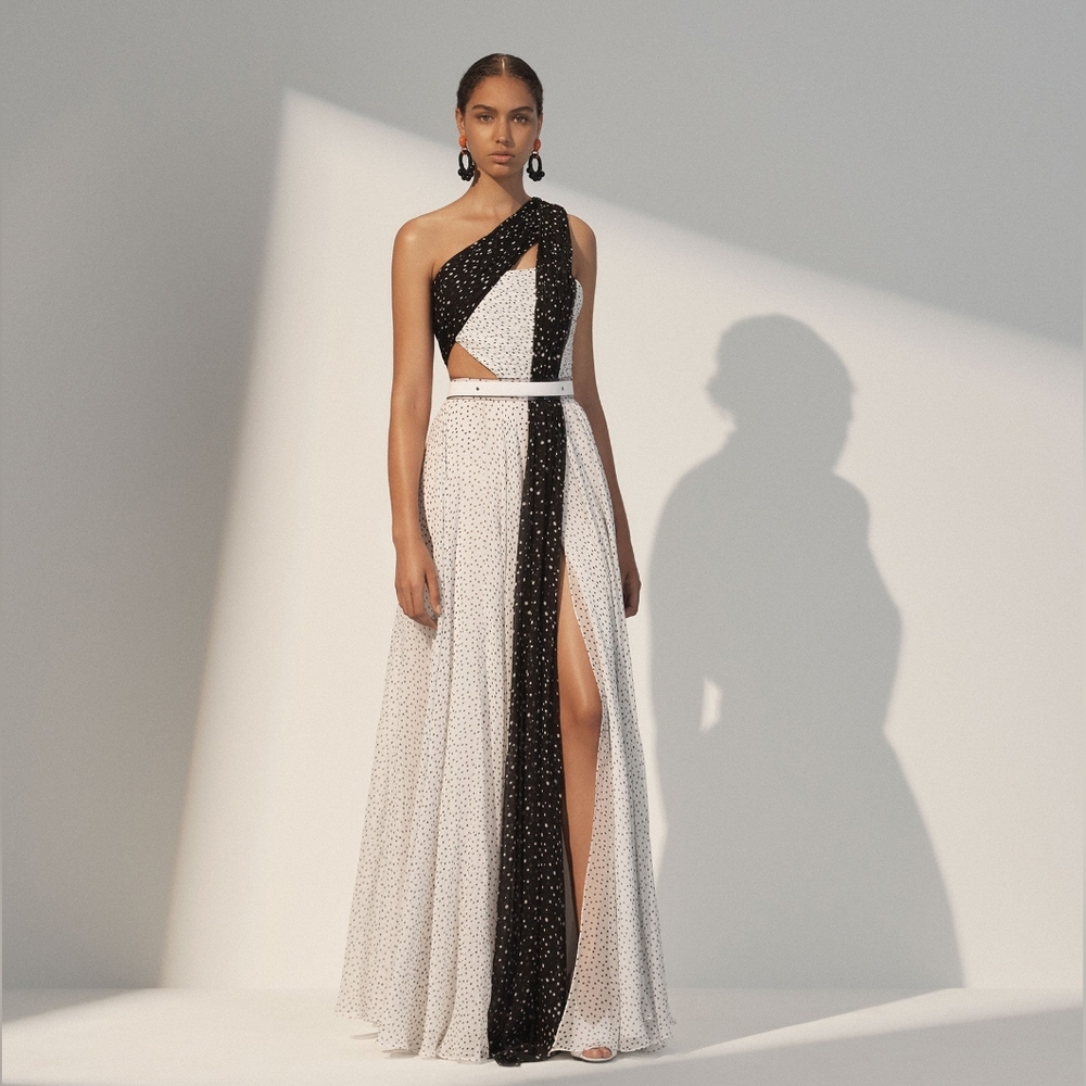○$6,000 PRABAL GURUNG WHITE BLACK DOT SILK LONG RUNWAY DRESS GOWN US 6